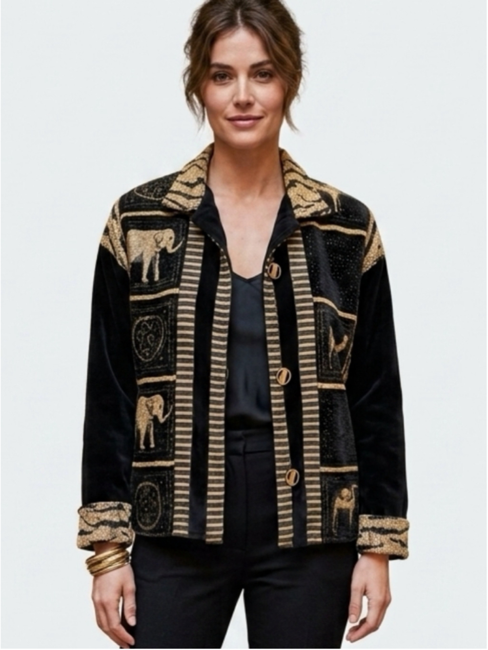 Vintage Villa Factory Safari Velvet Jacket Elephant Camel Gold Black M / L